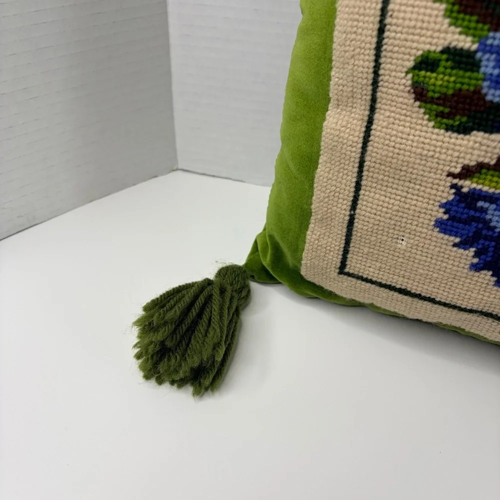 Vtg Floral Needlepoint Pillow Green Velvet Tassels Handmade Boho Cottagecore 70s